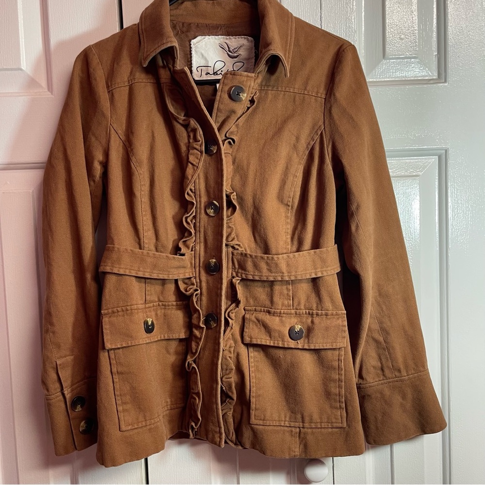 Sz 6 (S/M) Anthropologie Brown Ruffle-Trim Utility Barn Jacket